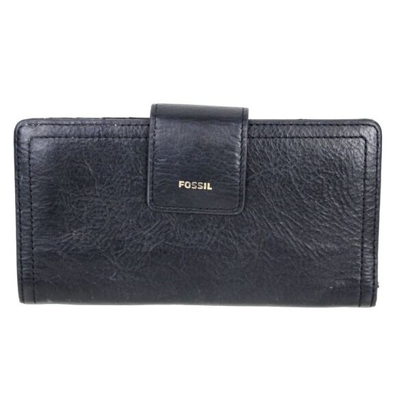FOSSIL BLACK GENUINE LEATHER ID CARD COIN HOLDER BILL BIFOLD WALLET PURSE - Picture 1 of 10